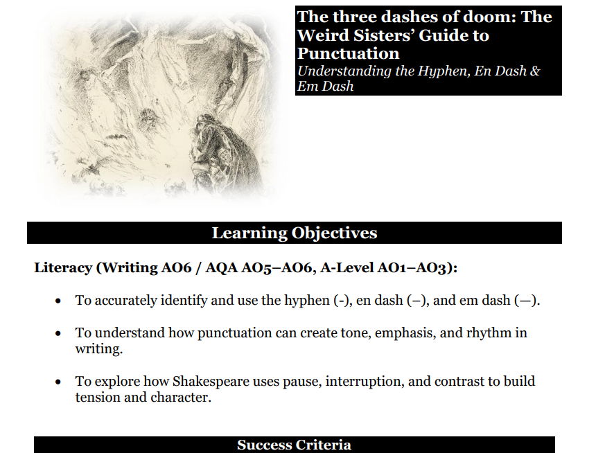 Punctuation mini booklet: en dash, hyphen,  and em dash  - GCSE / A Level with Macbeth theme