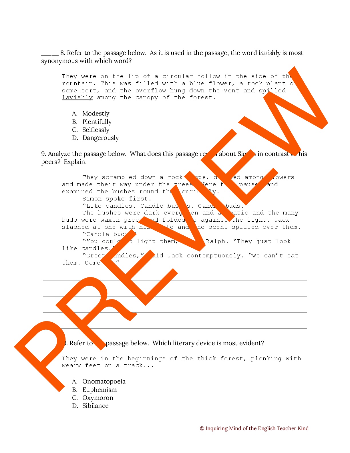 Lord of the Flies Close Reading Worksheet Ch. 1 Teaching Resources