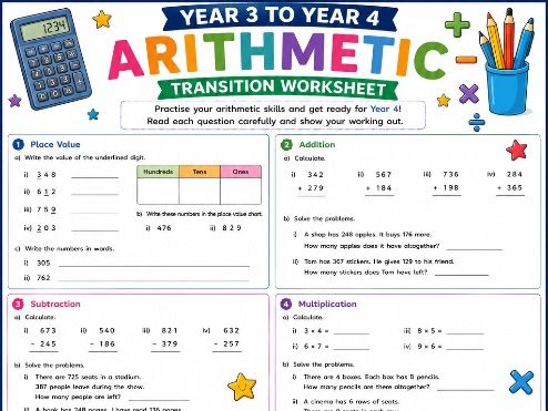 Year 3 to Year 4 Arithmetic Transition Worksheet | Maths Fluency & Calculation Practice | KS2