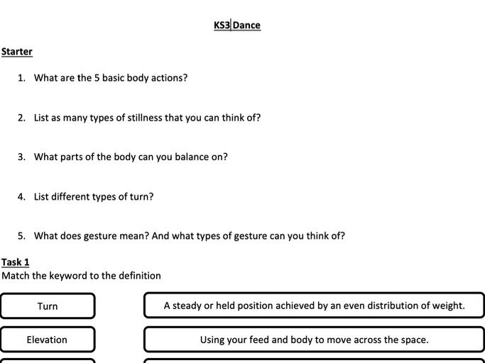KS3 Dance Worksheet 5 Basic Body Actions
