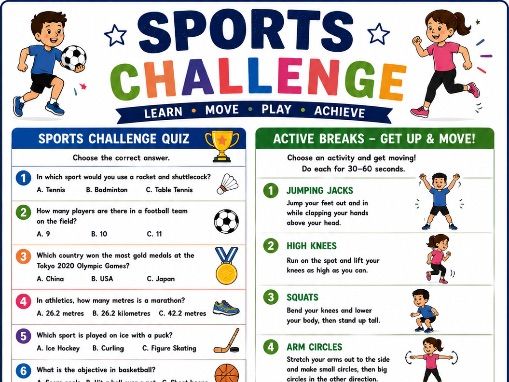 Sports Challenge Quiz & Active Breaks Worksheet | PE Quiz & Movement Activity | Indoor PE