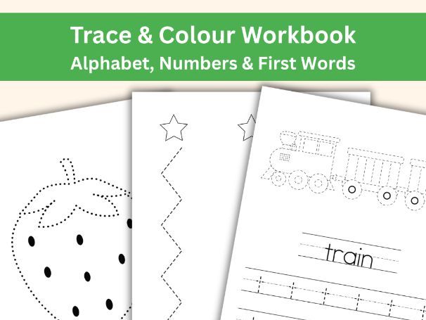 Trace & Colour Workbook | Alphabet, Numbers, Shapes, Colours & Early Words | Early Years (89 Pages)