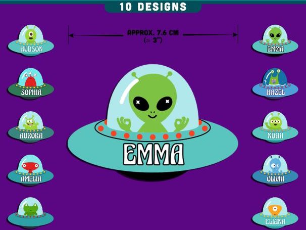 Friendly Alien Name Tags, Editable Locker & Cubby Labels, Playful Space Theme, 10 Designs