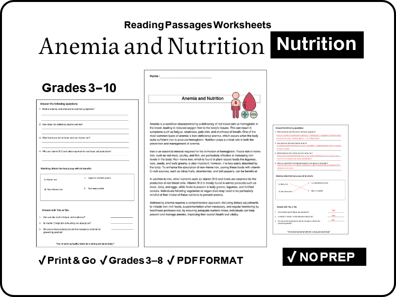 Anemia and Nutrition Reading Comprehension Worksheets
