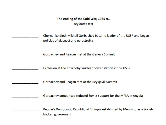 Key dates tests - From Detente to the end of the Cold War (AQA A-level history Unit 2R)