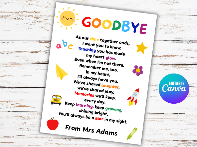 End of the Year Letter from Teacher to Student, Goodbye Poem To Students, Kindergarten Graduation