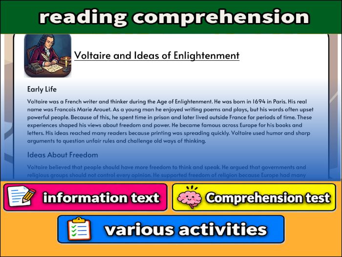 Voltaire and Ideas of Enlightenment- Reading Comprehension, Worksheet & Activities