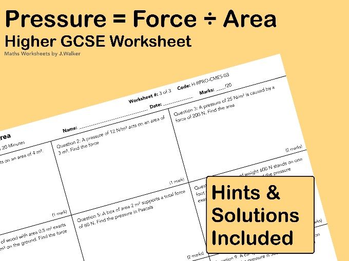 GCSE Maths Worksheet: Pressure = Force ÷ Area - Higher Tier