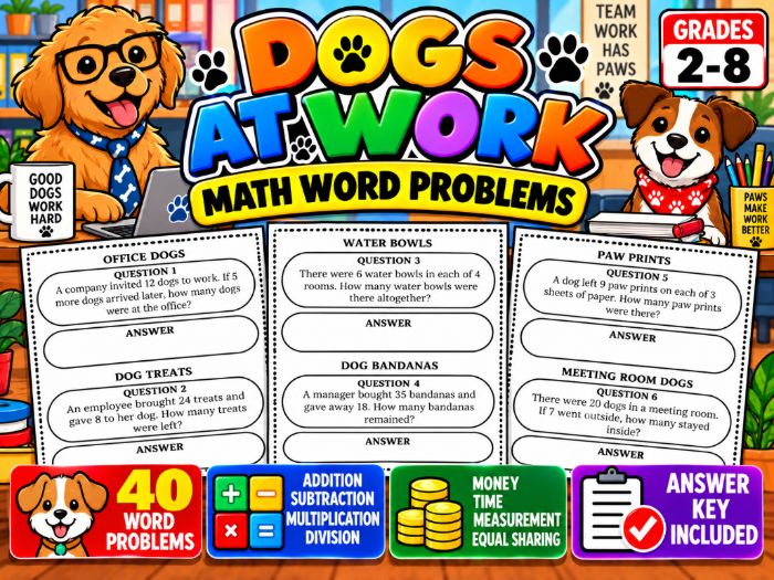Dogs at Work Math Word Problems | 40 Printable Problems & Answer Key ...