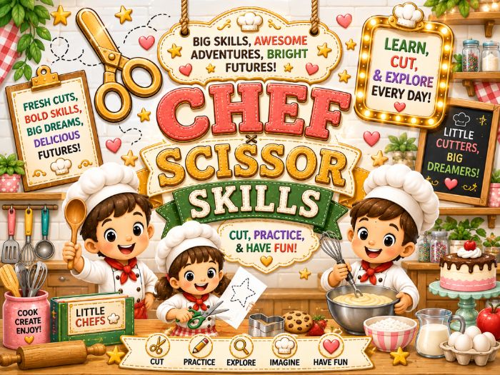 Chef Scissor Skills Worksheets | Cutting Practice Fine Motor Activities | Preschool–1st Grade