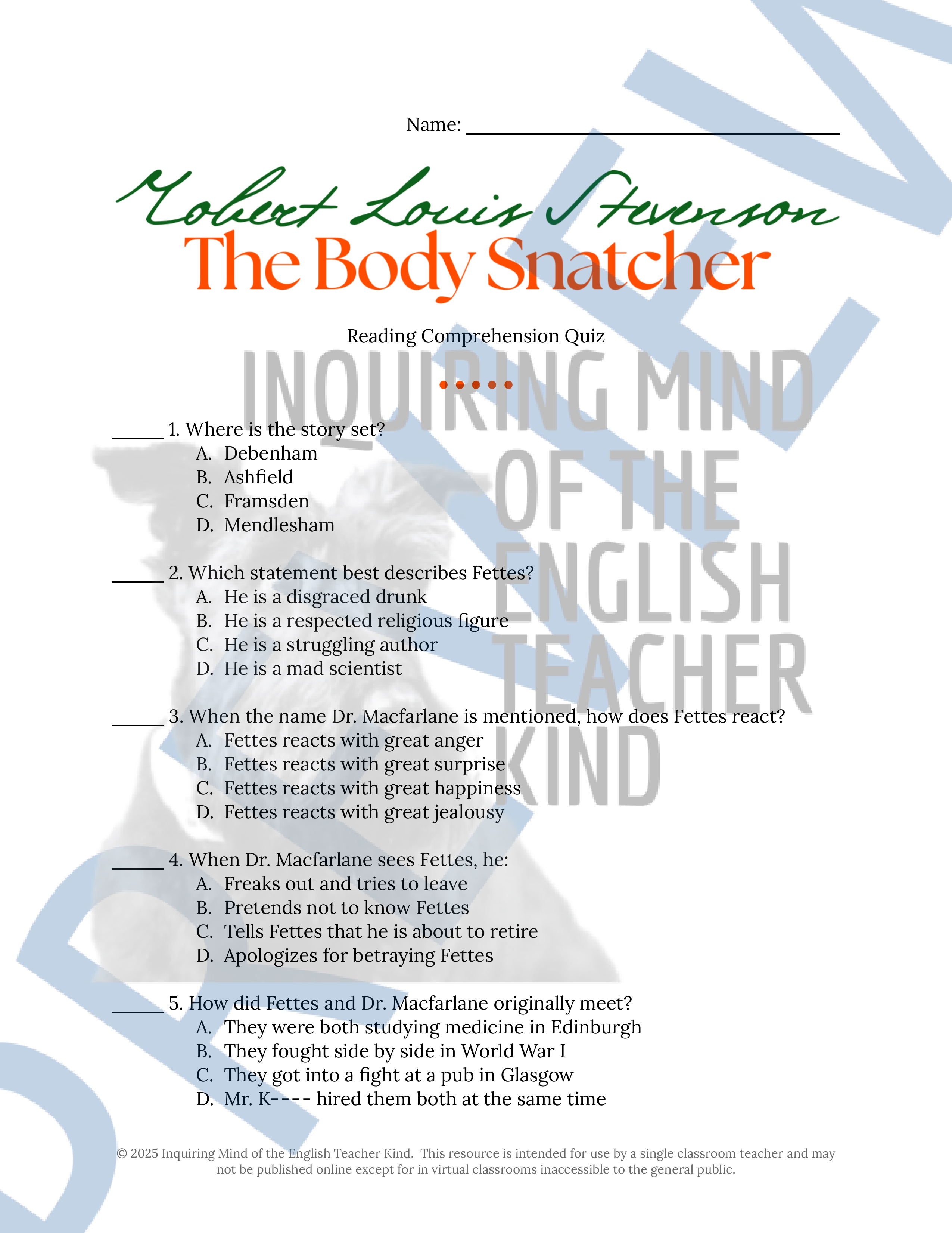 "The Body Snatcher" by Robert Louis Stevenson Quiz and Answer Key (Halloween Short Story ...