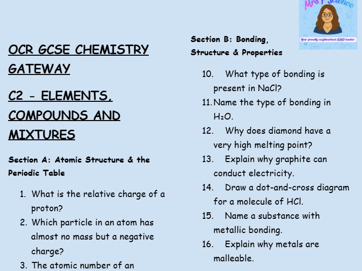 OCR GCSE Chemistry C2 Retrieval Practice: Low-Stakes Questions on Bonding & Properties of Matter