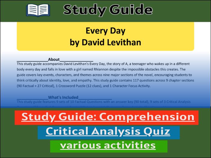 Study Guide for :Every Day by David Levithan  & Comprehension Test