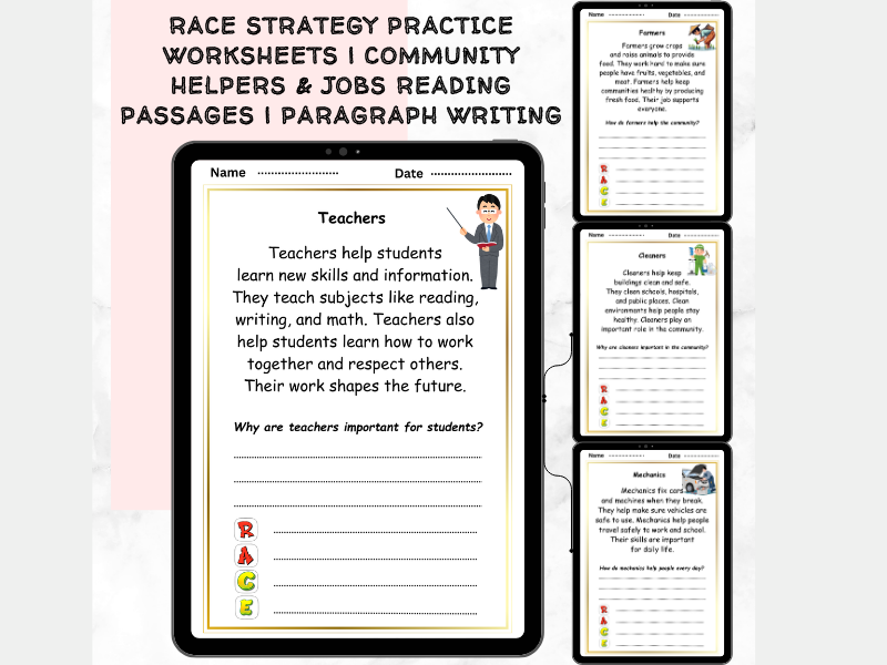 RACE Strategy Practice Worksheets | Community Helpers & Jobs Reading Passages | Paragraph Writing