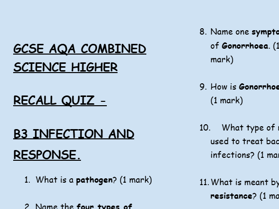 GCSE Biology B3 Infection and Response – 30 Retrieval Questions (Higher Tier | AQA)  Description