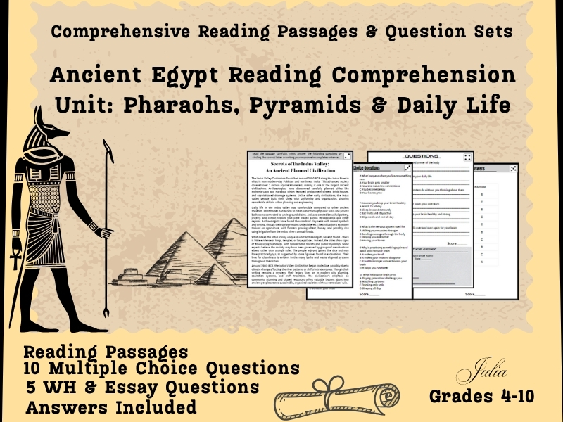 Ancient Egypt Reading Comprehension Unit: Pharaohs, Pyramids & Daily Life |َQuestions & Activities