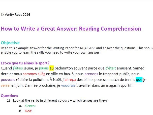 AQA GCSE French Reading Comprehension Exercise