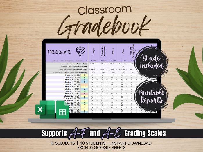 Teacher Gradebook for Google Sheets & Excel | Track 40 Students Across 10 Subjects | Automatic Grade
