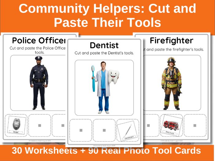 Community Helpers Cut & Paste Worksheets | Real Photos Tools Matching Activity