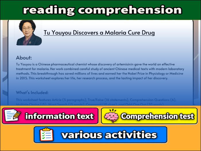 Tu Youyou Discovers a Malaria Cure Drug- Reading Comprehension, study guide & Activities