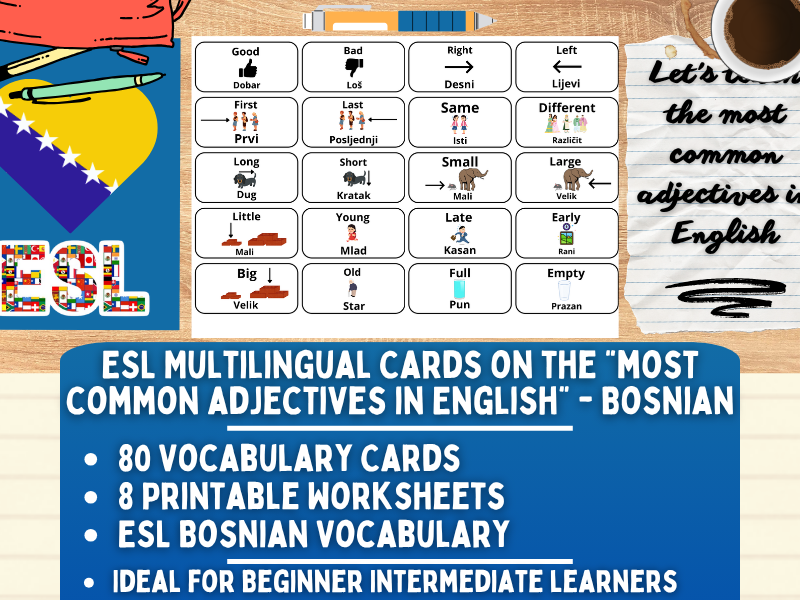ESL Multilingual Vocabulary Flashcards - Most common adjectives - Bosnian
