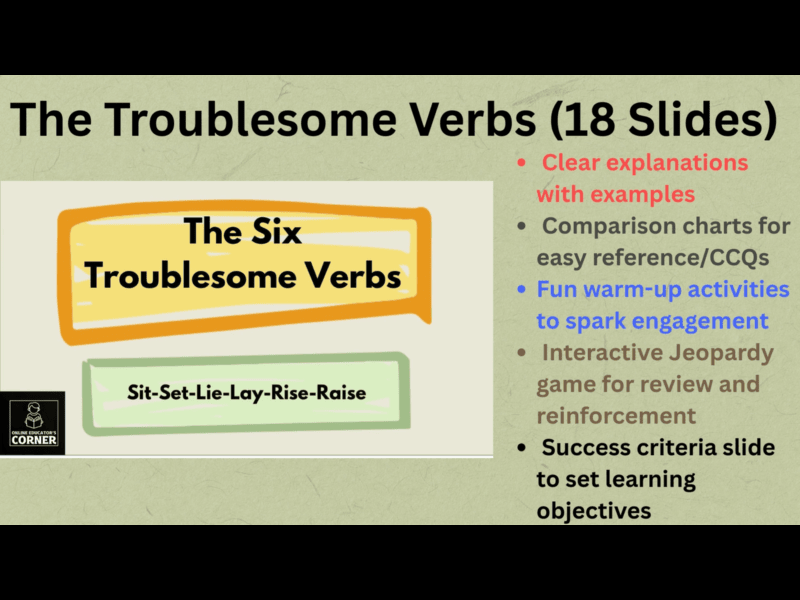 Troublesome Verbs Sit, Set, Lie, Lay Rise, Raise Interactive PowerPoint