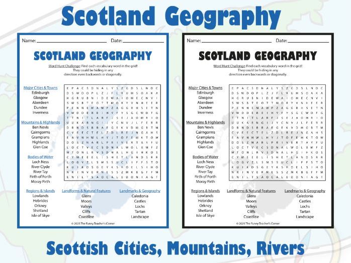 Scotland Geography Word Search Puzzle | Scottish Cities, Mountains, Rivers,...