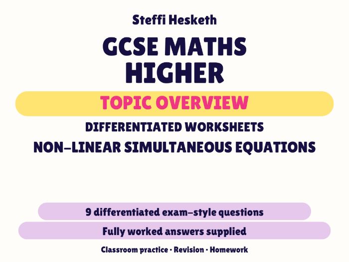 GCSE Higher Non-linear Simultaneous Equations | Topic Overview Differentiated Worksheet