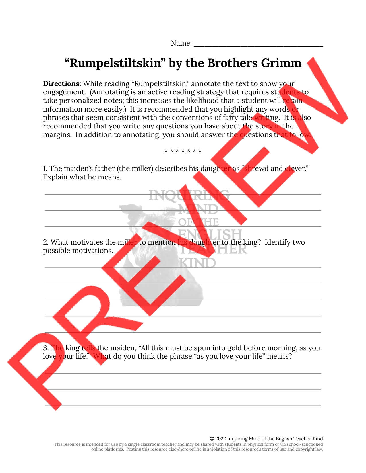 "Rumpelstiltskin" by the Brothers Grimm Close Reading Questions