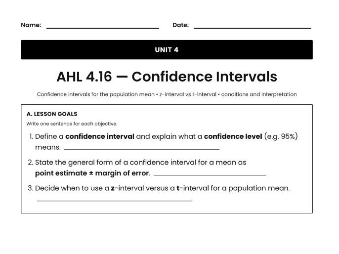 IB Math AI Worksheet AHL 4.16 - Confidence Intervals