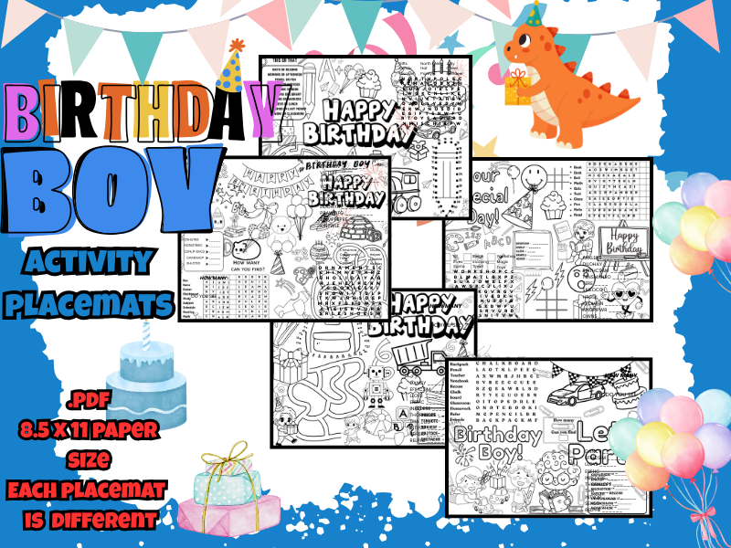 Happy Birthday Placemats For Boys - 5 fun packed pages-For Ages 5-9