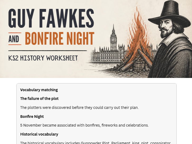 Guy Fawkes & Gunpowder Plot | KS2 History Worksheet | Bonfire Night