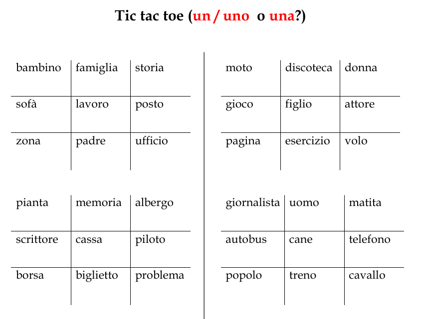 Tic Tac Toe Italian Indefinite Articles Worksheet
