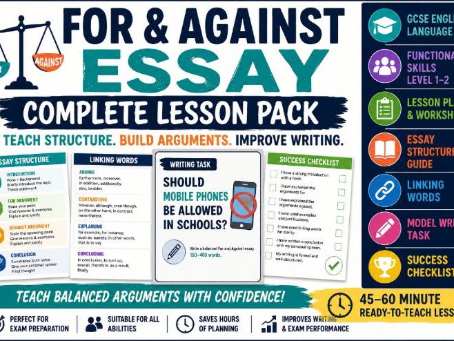 For and Against Essay Lesson Pack | GCSE English Language & Functional Skills Level 1–2 | Writing Sk