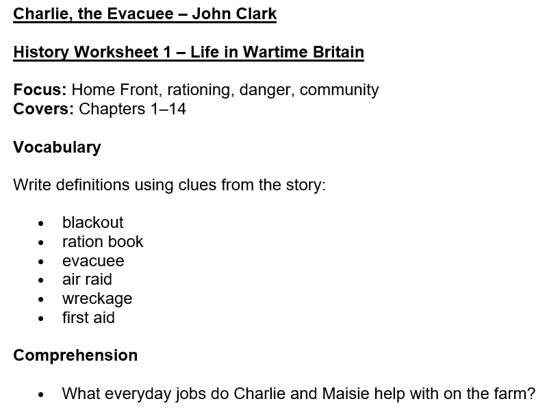 Charlie, the Evacuee – History Worksheets (Home Front & Evacuation)