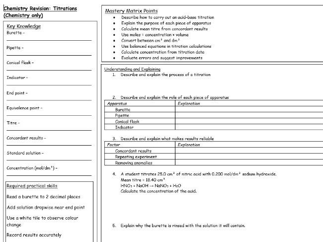 GCSE OCR Gateway A Titrations Revision mat and exam questions