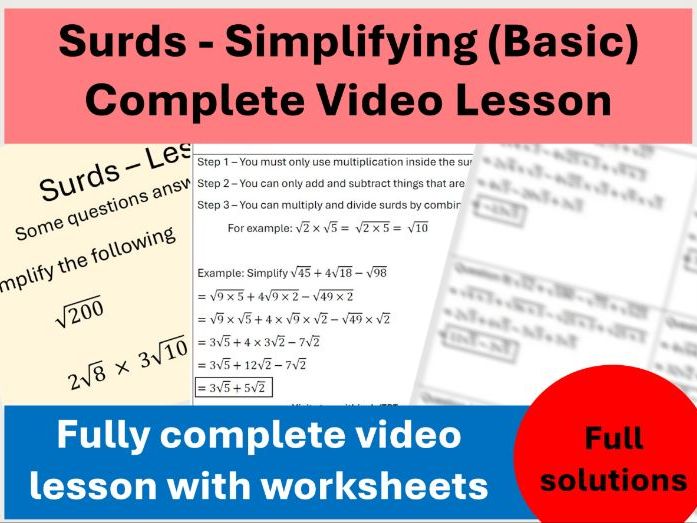 Surds (Basic Simplifying) - Complete Video lesson with worksheets