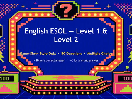 English ESOL Level 1 & Level 2 Game‑Show Quiz — Idioms, Vocabulary, Grammar & Prepositions (50‑Quest