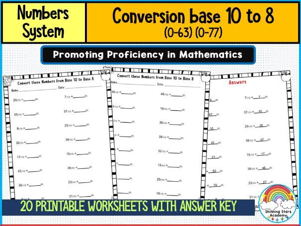 Conversion Base 10 to 8 (0–63) Number System Worksheets | Decimal to Octal Conversion Practice