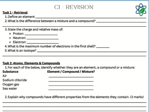 C1- Atomic Structure Revision Lesson Worksheet With Answers/GCSE/AQA/Combined Science/Chemistry