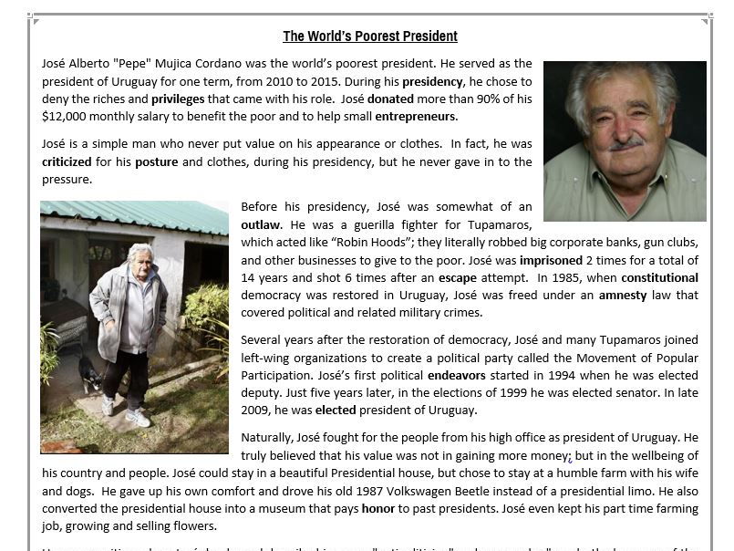 The World’s Poorest President - Reading Comprehension Worksheet