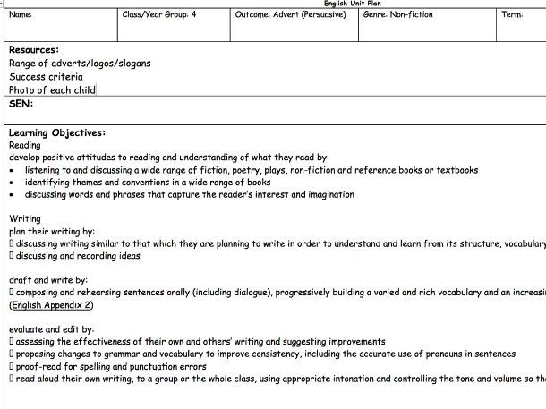 Year 4 English Planning Adverts - 6 lessons