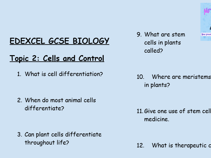 Edexcel GCSE Biology Topic 2: Cells and Control – 30 Question Retrieval Sheet (With Answers)