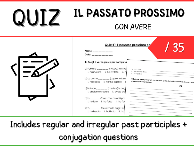 QUIZ - Il passato prossimo con avere - conjugation + past participles (PDF/DOC)