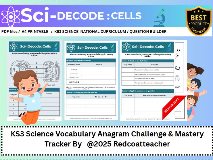 KS3 Cell  Sci-Decode:  Science Vocabulary  unscramble & RAG worksheet