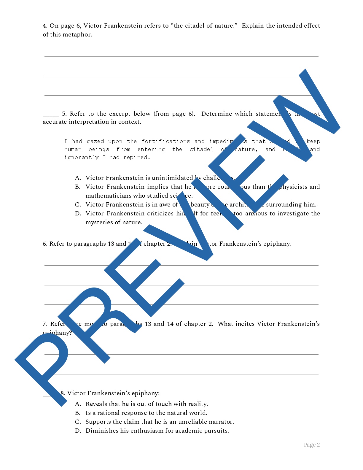 Mary Shelley's Frankenstein Chapters 13 Close Reading Distance
