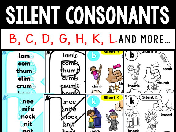 Grades 1-3 Silent Consonant Posters with Visual Word Examples