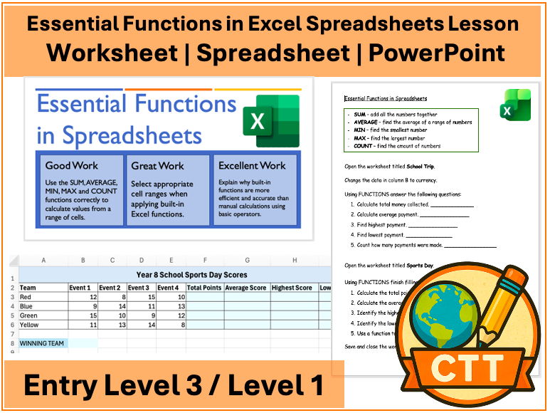 Entry Level 3 / Level 1 ICT –Essential Functions in Excel Spreadsheets Lesson