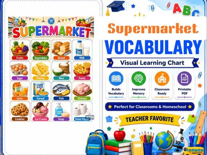 Supermarket Vocabulary Chart for Kids | Grocery Store Learning Poster for Preschool, Kindergarten