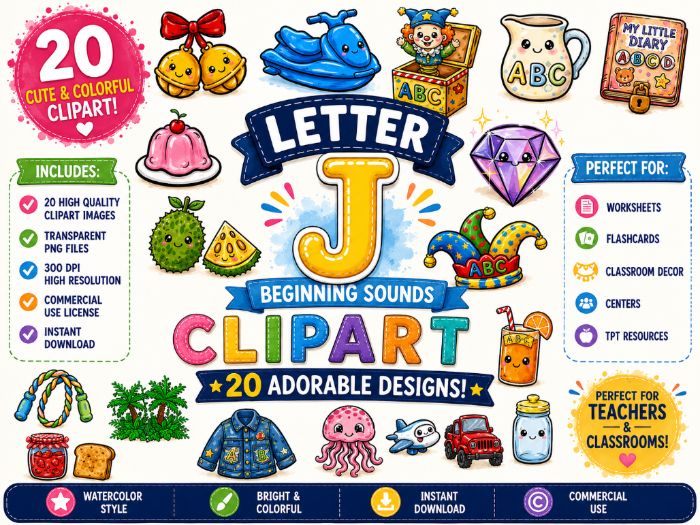Letter J Alphabet Clipart | Preschool & Kindergarten Phonics Graphics